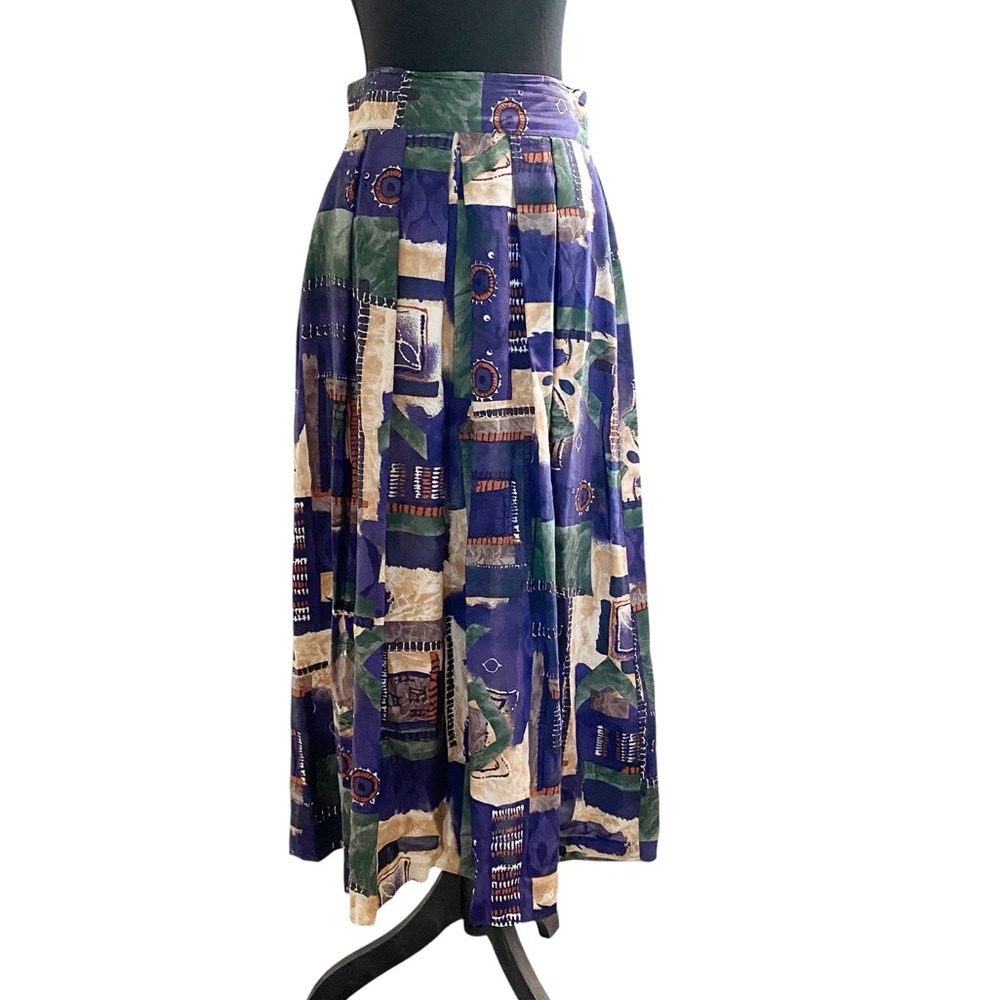 Vintage Indigo and Tan Printed Cotton Midi Skirt Size Small - Picture 2 of 5